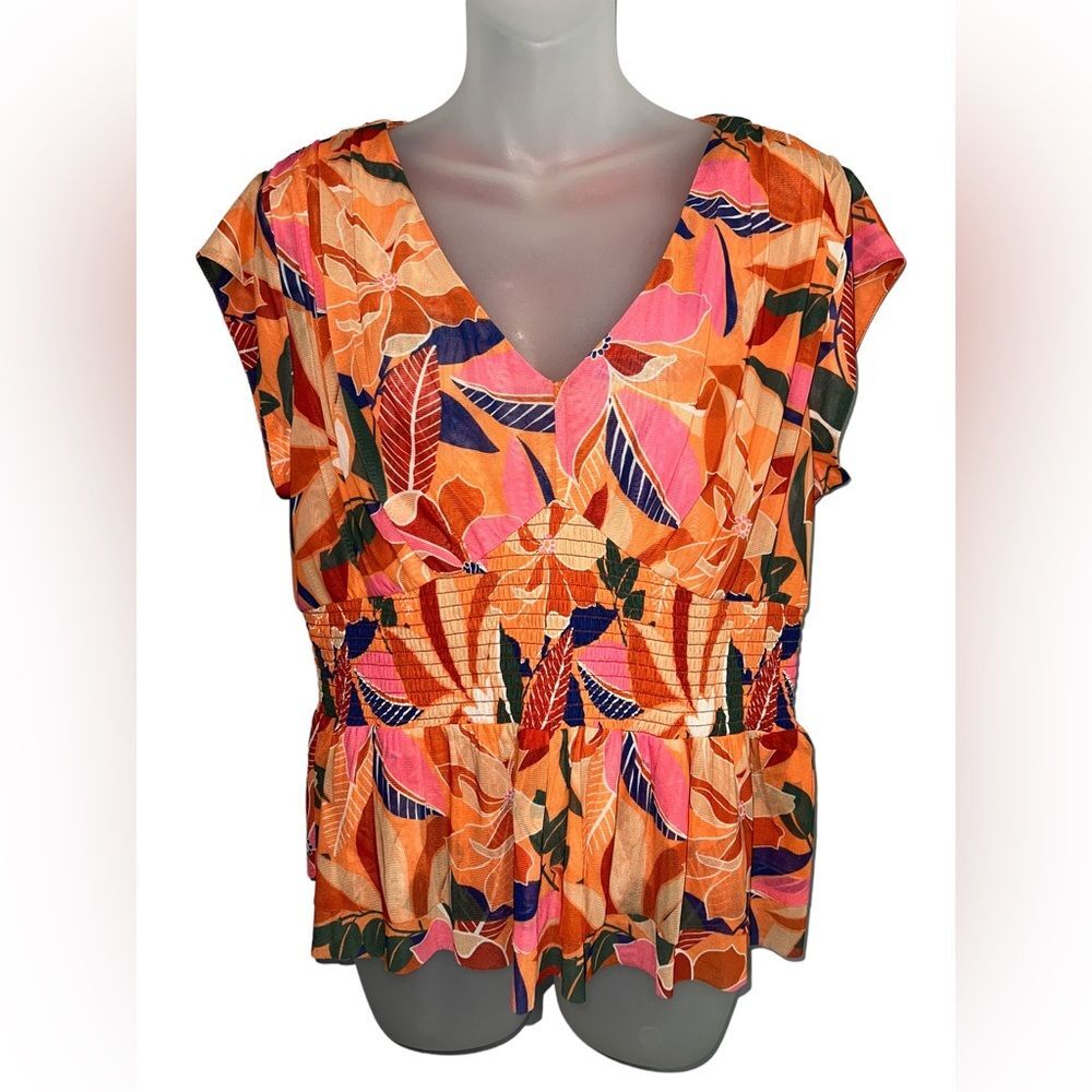DR2‎ Floral Tropical Cap Sleeve Elastic Waist Top Size L NWT